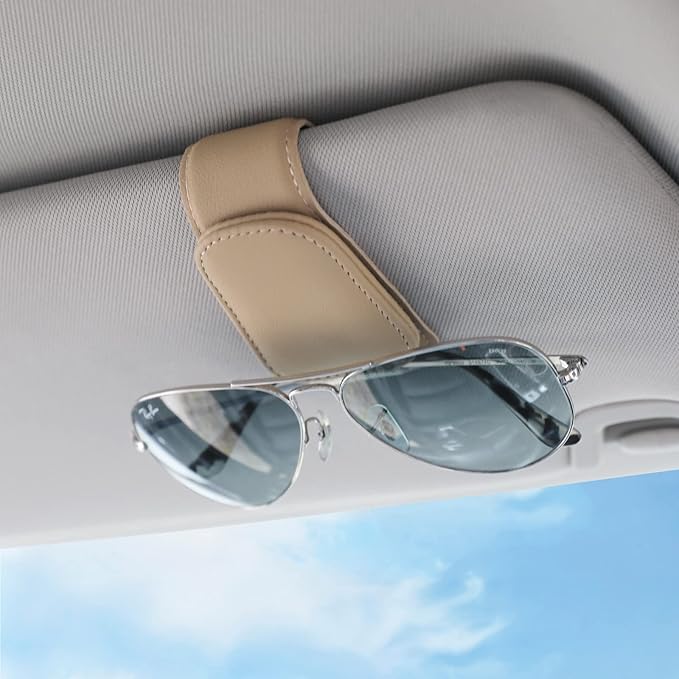 KanSmart Sunglass Holder for Car Visor Sunglasses Clip Magnetic Leather Glasses Eyeglass Holder Truck Car Interior Accessories Universal for Woman Man -Beige