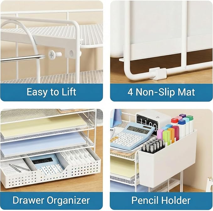 ECOLOVI Desk Organizer, 4-Tier Paper Organizer Letter Tray with File Holder, Drawer and 2 Pen Holders, Desktop File Organizer for Office Supplies, Workspace Storage, White