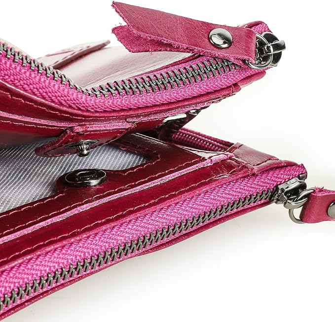 CONTACTS Soft Leather Wallet for Women Small Bifold Coin Purse Double Zipper Card Holder with RFID Blocking (Purplish Red)