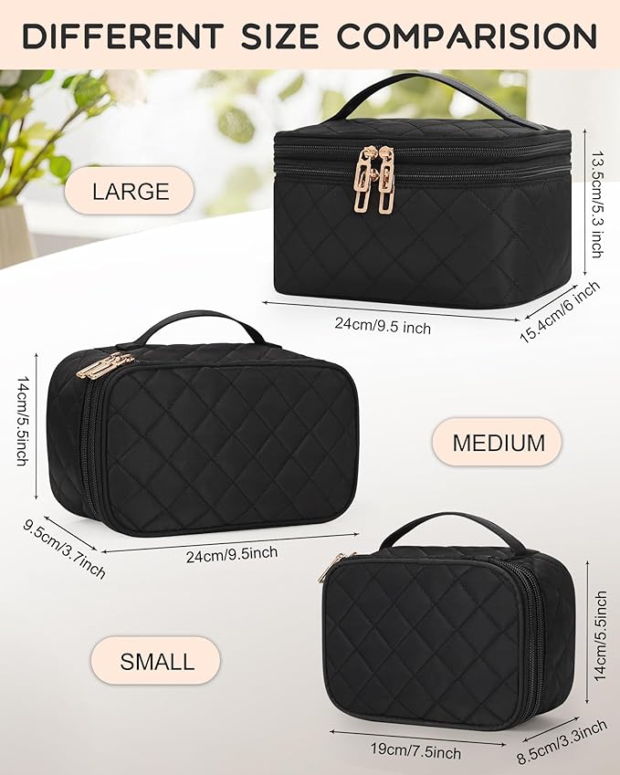 Relavel Travel Makeup Bag, Large Cosmetic Bag with Separate Makeup Brush Compartment, Cute Make Up Pouch for Women, Double Layer Toiletry Organizer Bag for Travel - Black