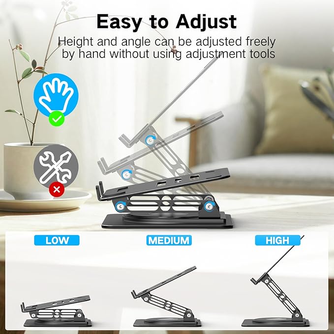 Adjustable Laptop Stand for Desk with 360 Rotating Base, Metal Foldable Laptop Riser Holder, Portable Desktop Book Stands, Ventilated Cooling Computer Notebook Stand Compatible with 10-15.6” Laptops