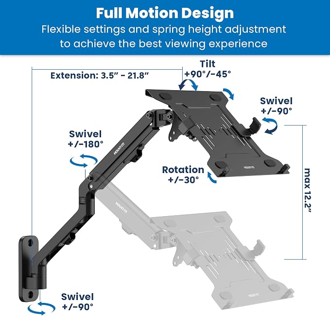 Mount-It! Ergonomic Laptop Arm for Wall or Pole Mounting, Full Motion Adjustments, Versatile Design, Easy Installation