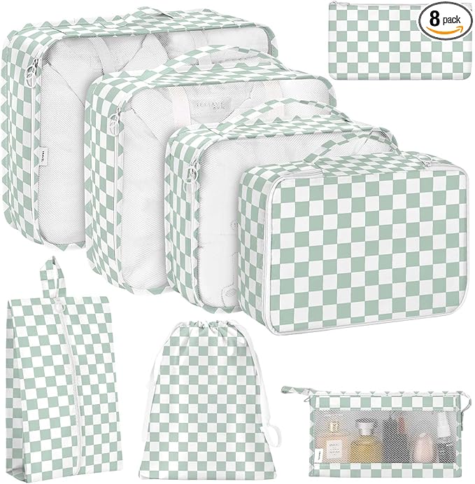 KPX 8 Set Packing Cubes for Travel, Luggage Packing Organizers Accessories Large Toiletries Bag for Clothes Shoes Cosmetics (8Set-Green Checkered)