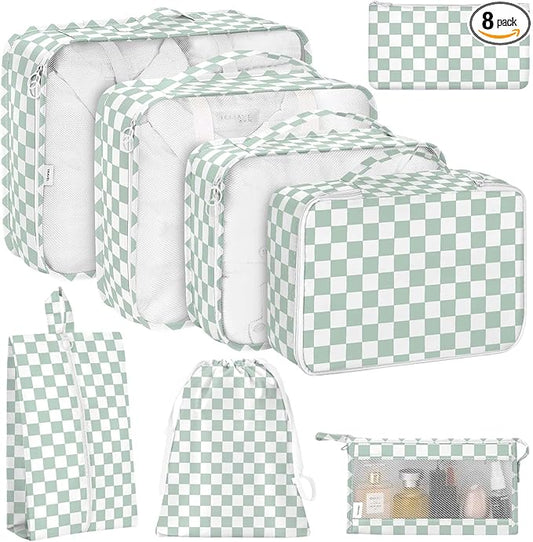 KPX 8 Set Packing Cubes for Travel, Luggage Packing Organizers Accessories Large Toiletries Bag for Clothes Shoes Cosmetics (8Set-Green Checkered)