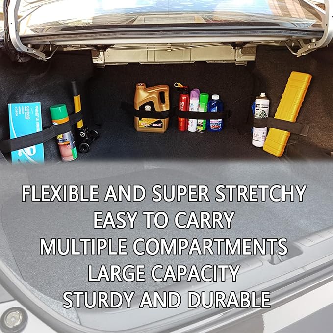 Elastic Car Trunk Organizer Straps with Hook and Loop Tape+2 "Pocket,20"/27.5"/31.5''Car Organizers,Organize the Cluttered Trunk Keeps Items from Rolling Around（31.5inch Long）