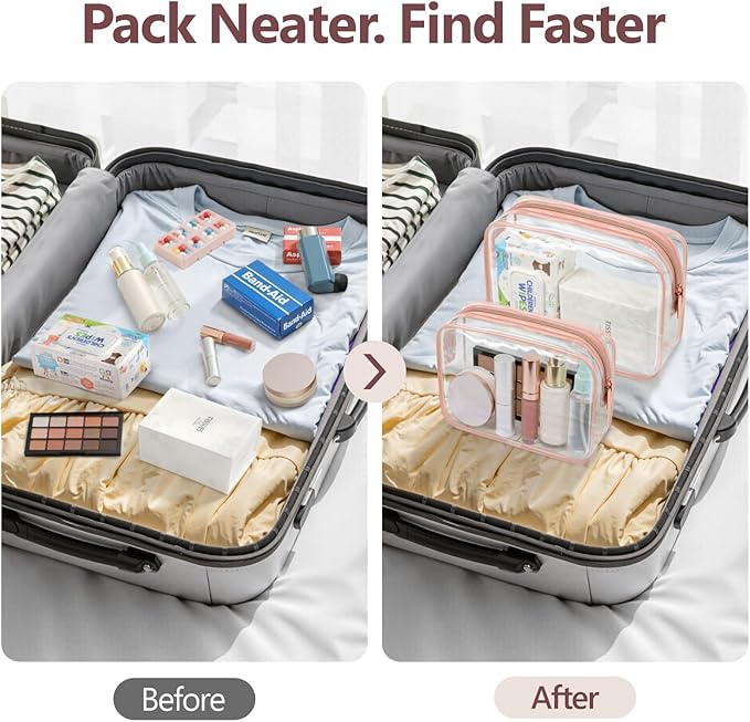 PACKISM TSA Approved Toiletry Bag 2 Pack - 1 Medium TSA Quart Carry-On & 1 Large for Checked Luggage, Water-resistant Clear Makeup Bag Clear Travel Bags for Toiletries, Rose Pink