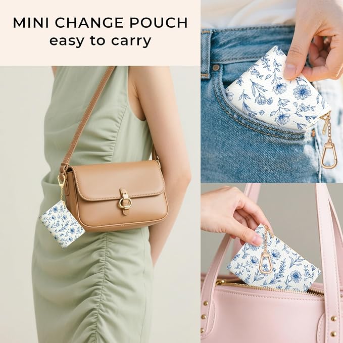 Blue Flower Keychain Coin Purse for Women, Abstract Small PU Leather Change Pouch, Zipper Little Tiny Travel Wallet for Girls, Cute Kawaii Zip Pocket Coin Holder with Key Ring