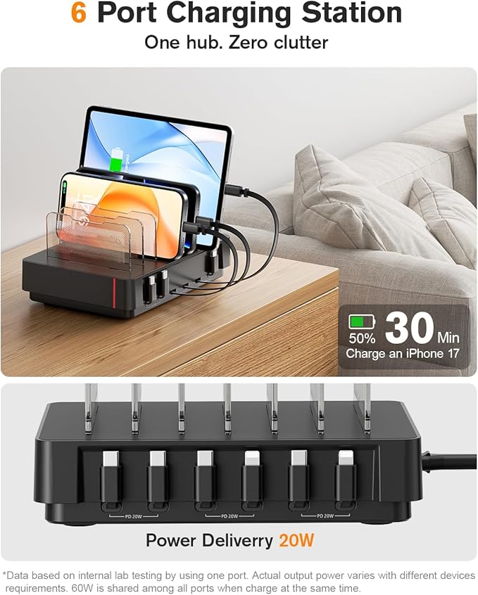 SooPii HomeHub H1 Charging Station for multiple devices,Upgraded 6-Port Desktop Fast Charger with 6 Retractable Cablesï¼?*C+2*iPï¼?60W PD charger station for iPhone/Tablet,Tangle-Free Charging Organizer