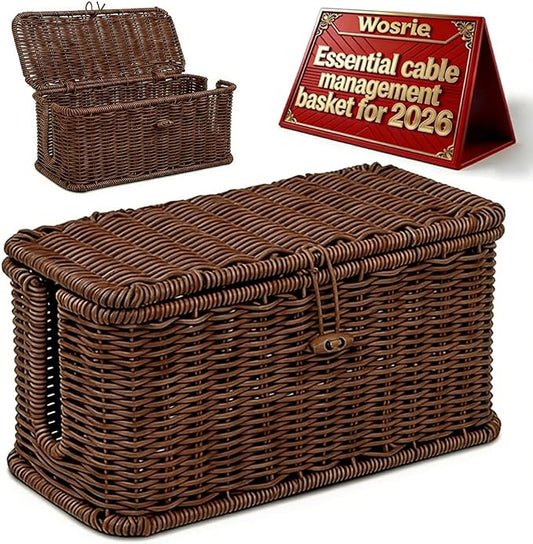 Handwoven Rattan Cable Management Box, Basket to Hide Cords, Open Slots Hider Boxes, Wicker Charging Station Storage Box, For Desk Outlet Covers for Power Strip TV Pc Router(Coffee L)