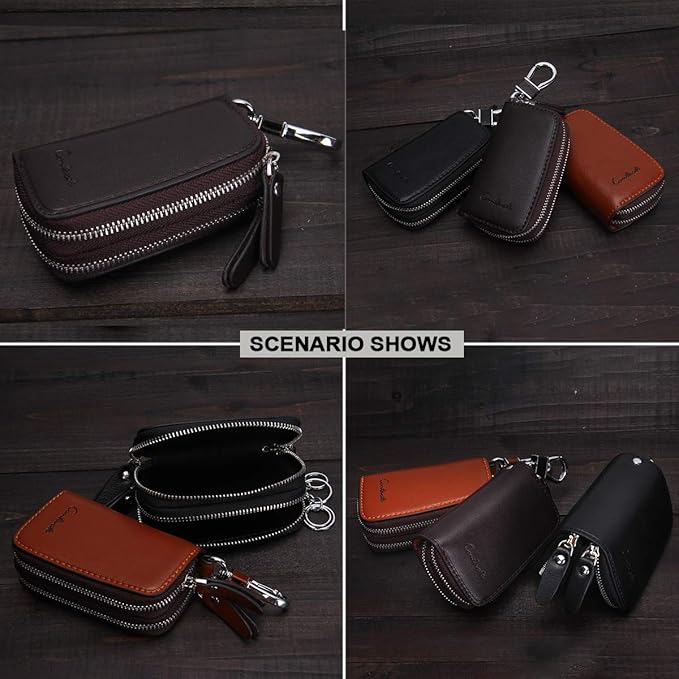 CONTACTS Car Key Case Small Leather Double Zipper Key Holder with 4 Keyrings Keys Organizer for Men Women