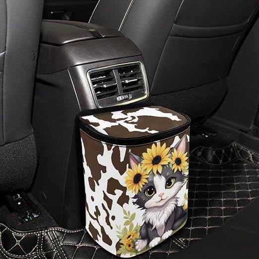 Car Trash Can Cars Waste Basket with Lid Storage Pockets for Disposable Garbage Bag Multipurpose Collapsible Car Organizer, Cat Sunflower Cow Print