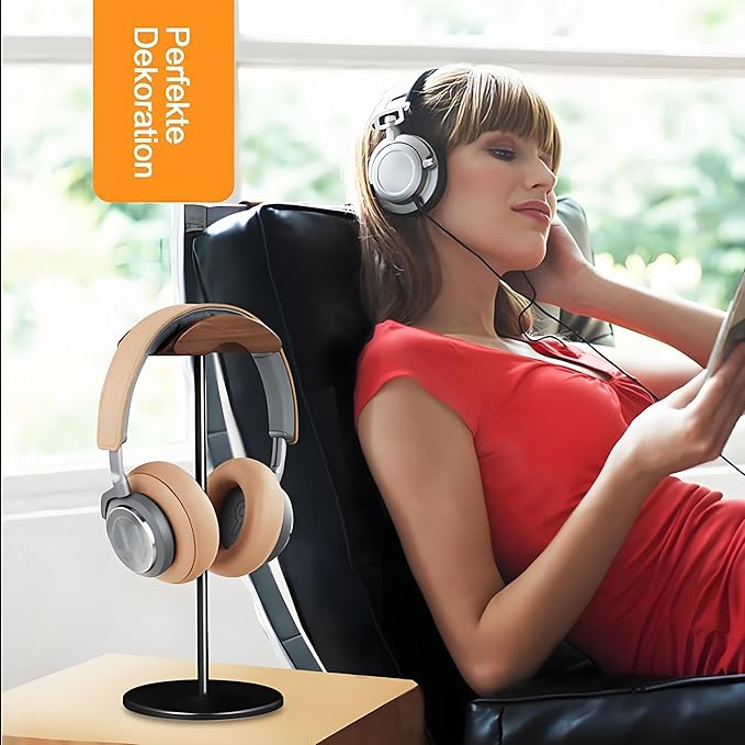 Headphone Stand Holder Headset Holder with Wood and Aluminum Desktop Headphone Stand Headset Stand for Desk with Solid Heavy Base Wood Headphones Stand for All Headphone Sizes (Black)