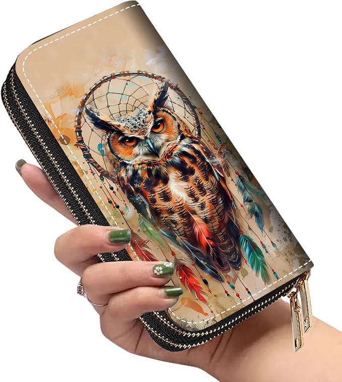 Women's Large Capacity Wallet PU Leather Double Zipper Clutch Purse Multifunctional Wallet with Removable Wristlet Strap for Smart Phone/Coin/Card/Cash, Dream Catcher Owl