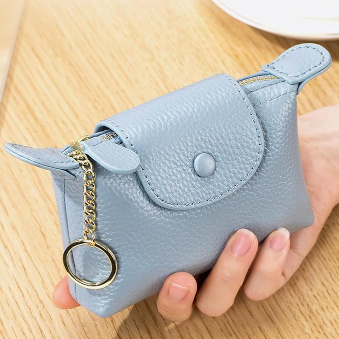 Women's Genuine Leather Mini Coin Purse and Wrist Bag - Coin Organizer, Change Holder, Card Case, Zipper Storage Bag in Water Blue