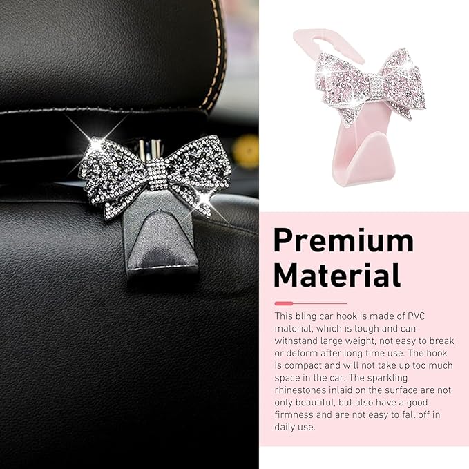 2 PCS Car Headrest Hooks, Cute Bowknot Auto Seat Back Hangers for Purses Bags Coats, Bling Rhinestone Interior Storage Organizer Hooks, Universal for Cars SUVs Trucks (Pink)