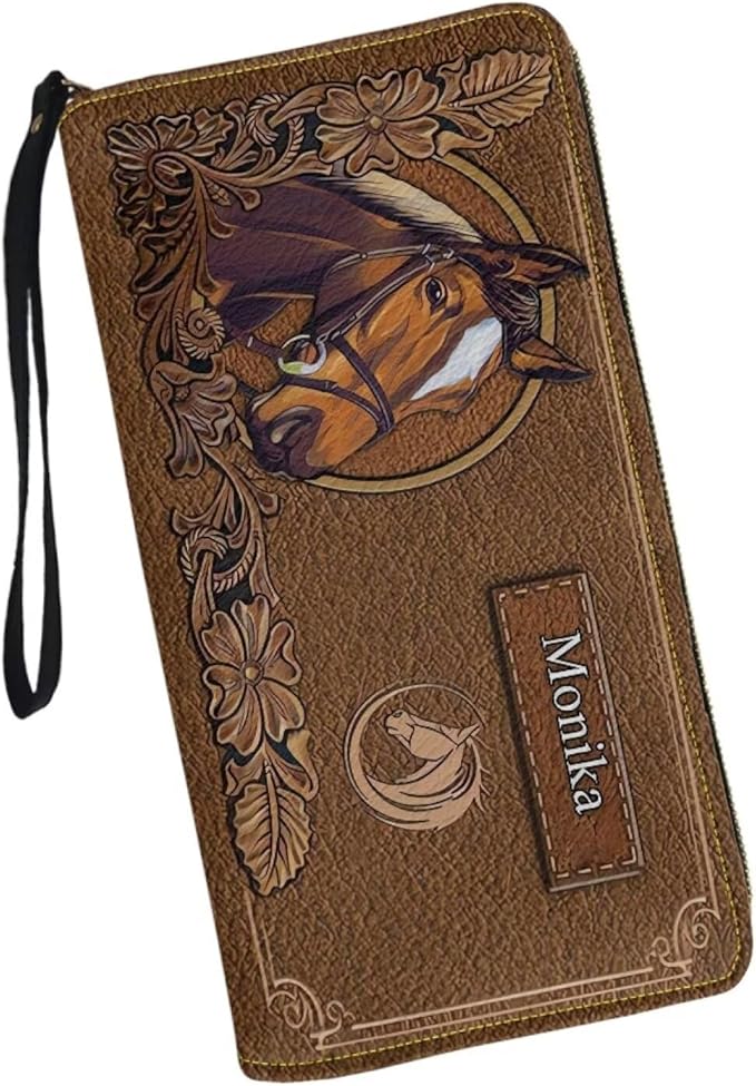 Bulopur Custom Name Wallet for Women Large Capacity RFID Phone Holder Horse Clutch Purse Long Wallet Credit Card Holder Coin Money Clip PU Leather Zip Around Wristlet Wallets