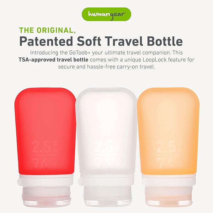 humangear GoToob+ Bottles - Silicone Leak-Proof Travel Tubes for Toiletries, Camping & TSA Carry-On (3-Pack), Medium (2.5 fl oz; 74ml), Clear/Red/Orange
