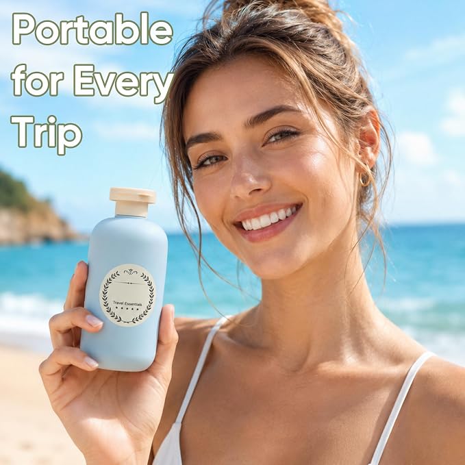 METAPACK 4Pack 6.8oz Travel Shampoo Bottles with Labels, Refillable Travel Bottles, Flip Top Squeeze Bottles, Portable Plastic Toiletry Containers for Lotion, Conditioner & Body Wash(grey, blue)