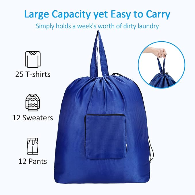 GOGOODA Travel Laundry Bags with Drawstring Closure XL Large Foldable Dirty Clothes bags with Handle Heavy Duty and Washable for College Dorm Travelling Camping, 2 Pack, Navy Blue