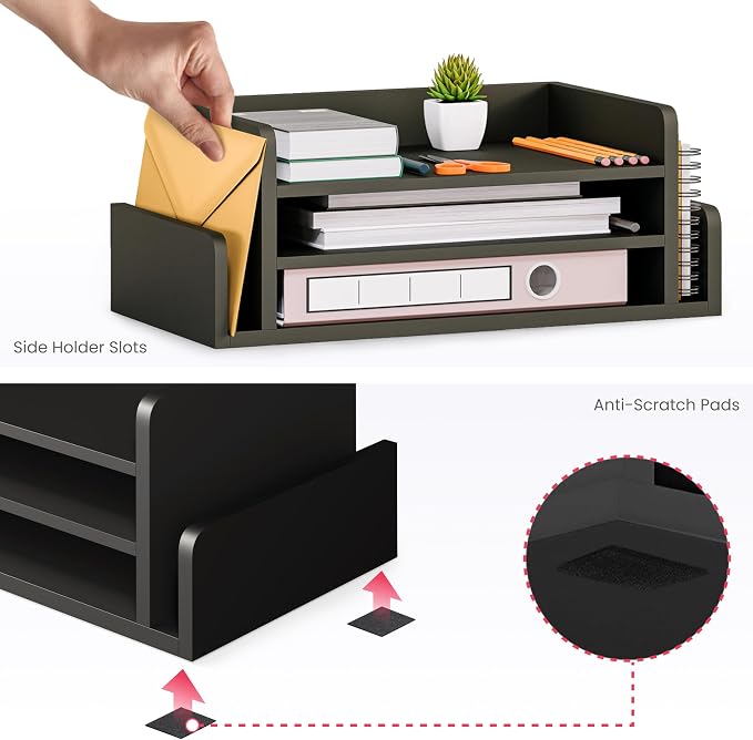 Ballucci 3-Tier Desk Organizer with 2 Side Mail Sorter Slots, Wood Letter Tray, Open Top Paper Organizer, Desktop File Organizer, Black