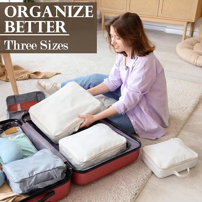 Shinymoon 3 Set 100% Cotton Packing Cubes with Handle Travel Luggage Storage Organizer Bags Beige Suitcases Bags Durable Zippers for Clothes Shoes Storage Weekend Plus Set(Regular Styles)