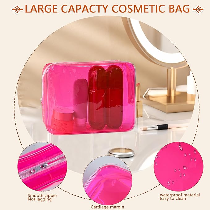 Waterproof PVC Makeup Bag - Leakproof Cosmetic Organizer for Travel Toiletry Storage 9.84×7.09×2.36 Inch for Women & Men (Pink)