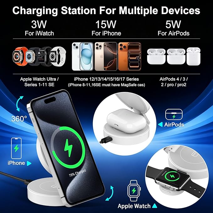 Charging Station for Apple Multiple Devices - 3 in 1 Foldable Magnetic Wireless Charger Dock - Travel Charging Pad for iPhone 16 15 14 13 12 Pro Max Plus Watch & Airpods (White)
