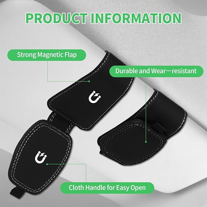 CJSD Sunglass Holder for Car, Premium Leather Sun Visor Clip Mount, Universal Fit Magnetic Clips, Interior Car Accessories- 2 Pack