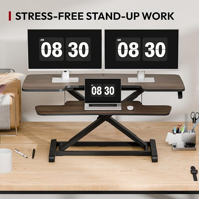 SANODESK 42" Standing Desk Converter, Large Sit-Stand Riser for Dual Monitors & Laptop, Stable Multi-Device Workstation with Keyboard Tray, Home Office Desktop Converter, Walnut