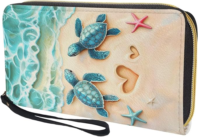 Bulopur Beach Sea Turtle Wallets with Wristlet for Women Envelope Long Wallets Zip Around Small Handbags PU Leather Travel Wallet Passport Holder for Ladies