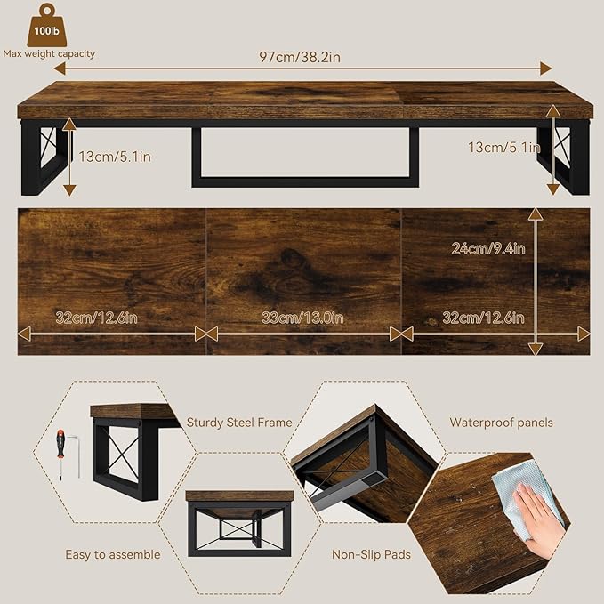 IBUYKE Large Dual Monitor Stand Riser for 2 Monitors, Wooden Desktop Computer Monitor Stand Storage Shelf and Steel Legs,Dual Screen Office Desk,Monitor Riser for Computer, Printer,Laptop,TV,Rustic Brown UTDJ002H