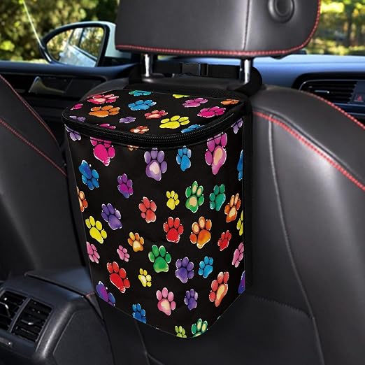 Rainbow Dog Paw Print Car Trash Can Automotive Car Trash Bag with Lid Collapsible Waterproof Car Organizers and Storage Car Accessories for Women