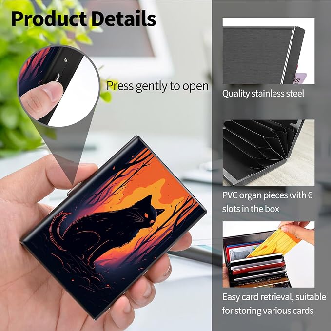 Metal Wallet, Credit Card Holder for Women Men Girls, RFID Blocking Aluminum Wallet Slim Hard Case, Mini Travel Wallet, ID Card Holder Business Card Case,Art Black Cat