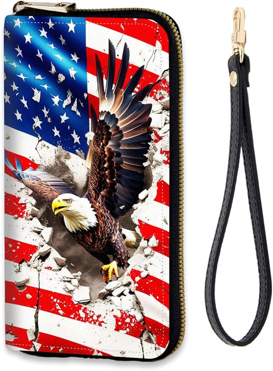 Women's RFID Blocking Zip Around Wallet with Detachable Wrist Strap, Large Capacity Credit Card Holder Organizer for Everyday Use,Bald Eagle on American Flag