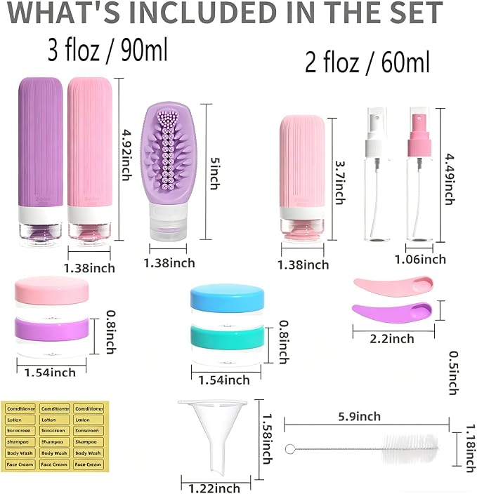 Vitog 16 Pack Travel Bottles with Soft Brush, TSA Approved Silicone Travel Containers for Toiletries, Squeezable Leak Proof Refillable Travel Accessories for Conditioner, Shampoo, Lotion & Body Wash