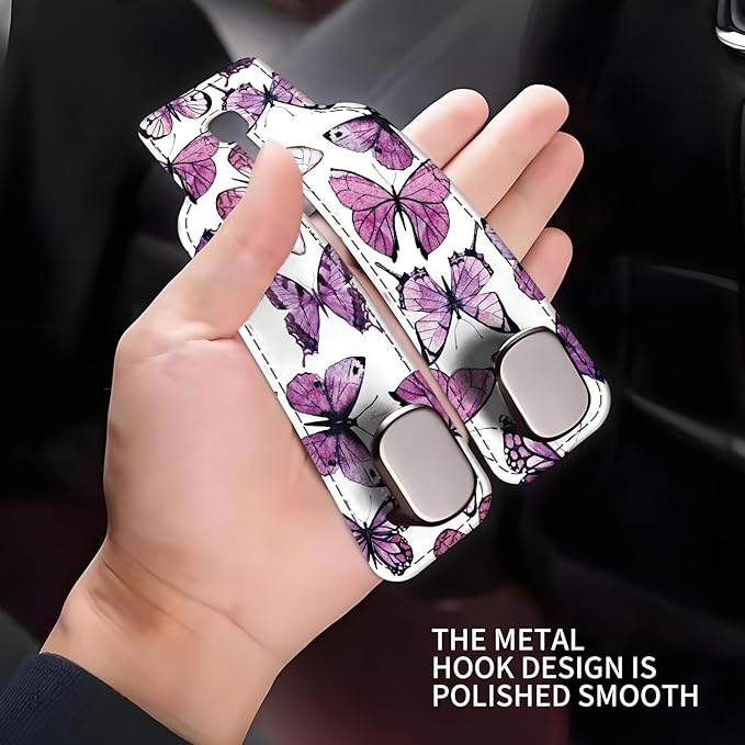 Car Seat Headrest Hook, Universal Leather Cute Hanger Holder Hook, Storage Organizer Interior Accessories for Purse Bags Handbag Luxury Purple Butterfly