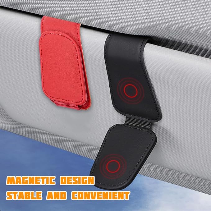 Sunglasses Holder for Car Visor, Microfiber Leather Magnetic Sun Visor Eyeglasses Hanger & Ticket Card Clip, Multi-Function Automotive Interior Glasses Mount, Universal Fit (Red)
