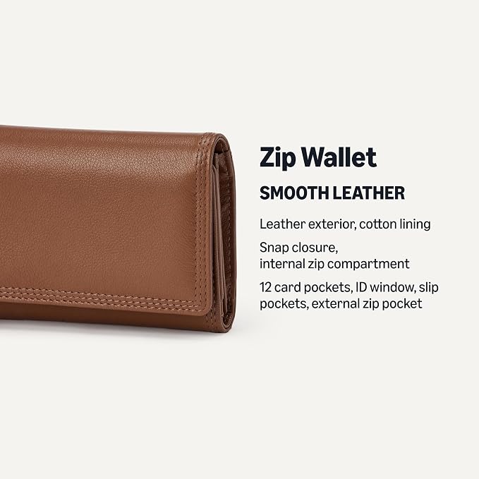 Amazon Essentials Women's Long Flap Continental Leather Wallet with Snap Closure, Tan, One Size