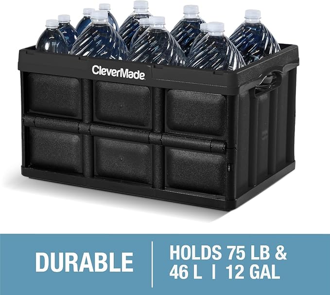 CleverMade Collapsible Storage Bins 46L (3-Pack) – Heavy Duty Collapsible Plastic Storage Bins, Stackable Folding Storage Bins for Car, Garage, Home Organization - Foldable Bins, Ocean