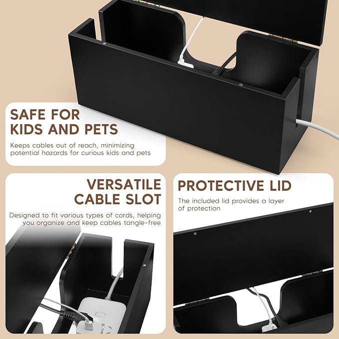 Large Cable Management Box - Wood Cable Organizer Box and Power Strip Box for Electrical Cord Management - Hide Desk Cord and Floor Cables - Wire Storage and Organization for Cords, Black