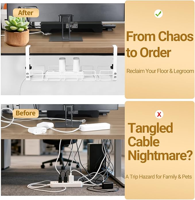 Under Desk Cable Management Tray, 15.7'' Metal Wire Organizer with Clamp, No Drill Desk Cord Rack for Cable Management, Computer Wire Organizer for Office and Home, Sturdy & Scratch-Free