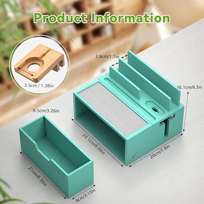 Pezin & Hulin Bamboo Charging Station for Multi Device, with Power Charger & Cables, Nightstand Docking Stand with Felt Pad Tray & Drawer, Compatible with Tablet, Cell Phone, Smart Watch-Teal