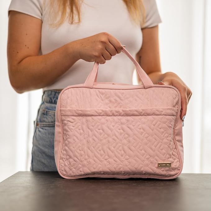 Carrywell Travel Toiletry Bag for Women with Hanging Hook, Makeup Organizer Case, Water-Resistant Cosmetic Bag For Full-size Containers, Toiletries, Pink Large, Not Made In China