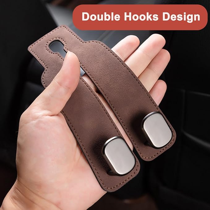 Amelity Car Headrest Hooks, Purse Hook for Vehicle 2 Pack Brown | Universal Car Interior Accessories for Women, Available in 2/4 Pack, Storage Hanger Holds Purses, Backpacks, Grocery Bags