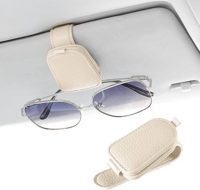 JUSTTOP 1Pack Sunglass Holder for Car, Magnetic Leather Buckle Sun Visor Sunglass Clip, Ticket Card Clip Sunglasses Mount, Car Interior Accessories for Men and Women (Beige)
