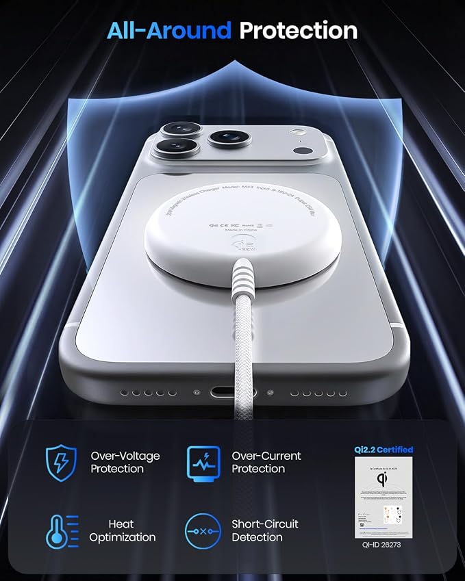 Magnetic Wireless Charger, 5FT Qi2 25W Fast Charging Pad Compatible with MagSafe for iPhone Air/17e/17/16/15/14/13/12/Pro/Pro Max Series & AirPods 4/3/2/Pro & More (MatteWhite)