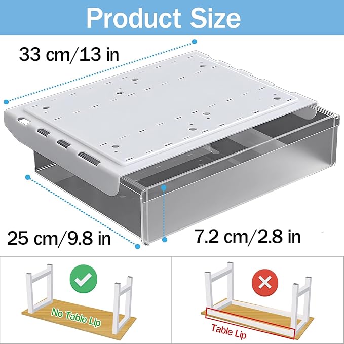 SVNNELP Large Under Desk Table Drawer Storage Organizer A4, Hidden Self-Adhesive Under Desk Pencil Tray Drawer for Office (Clear Black/L)