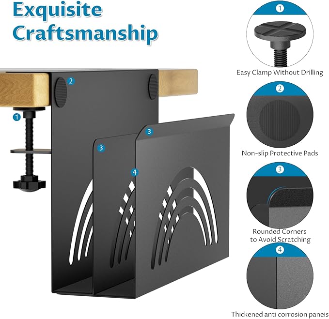 Onemake 2-Tier Rainbow Desk Side Storage, No Drill Laptop Holder, Clamp on Desks Shelf with Magnetic Pen Holder, Hanging Desk Organizer for Home Office, Fits Flat Edge Tables 0.4" to 2.3"