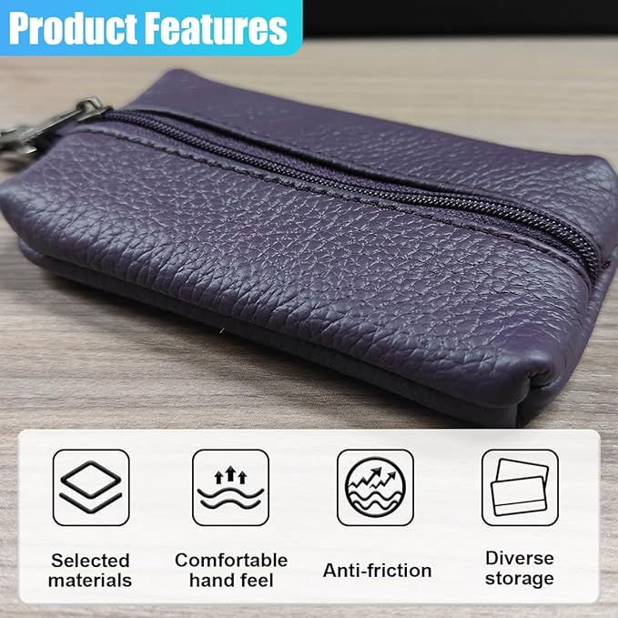 Leather Car Key Case Holder, Auto Smart Key Fob Protector Pouch with Zipper, Universal Unisex Keychain Wallet (Purple)