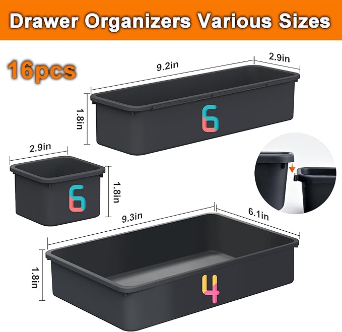 QUELIEN Desk Drawer Organizer Tray Set, 16PCS Plastic Drawer Organizer Bins for Office, Makeup, Kitchen - Gray Blue Desk Organizer with Flexible Interlocking Design for Efficient (Gray Blue, 16PCS)